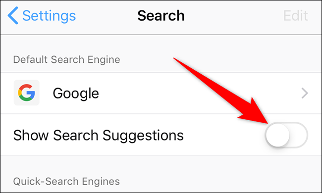 Desactive la opción "Mostrar sugerencias de búsqueda" en la página "Buscar" en Firefox en iPhone.