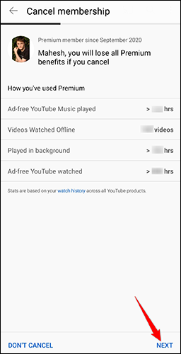 Toca "Siguiente" en la página "Cancelar membresía" en la aplicación de YouTube.