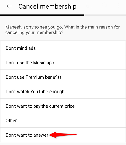 Seleccione un motivo de cancelación en la aplicación de YouTube.