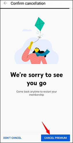 Toca "Cancelar Premium" en la página "Confirmar cancelación" en la aplicación de YouTube.