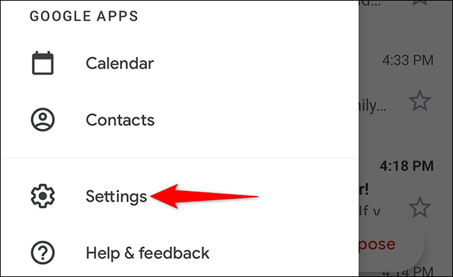 Toque "Configuración" en el menú de hamburguesas de la aplicación Gmail.