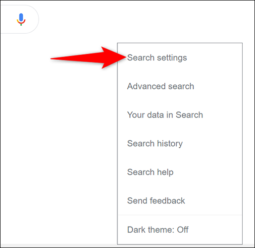 Seleccione "Configuración de búsqueda" en el menú "Configuración" de la Búsqueda de Google en el escritorio.