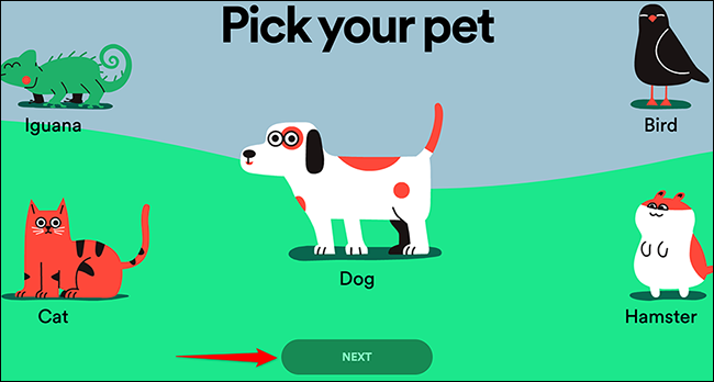 Wählen Sie ein Haustier auf der Spotify Pet-Website aus.