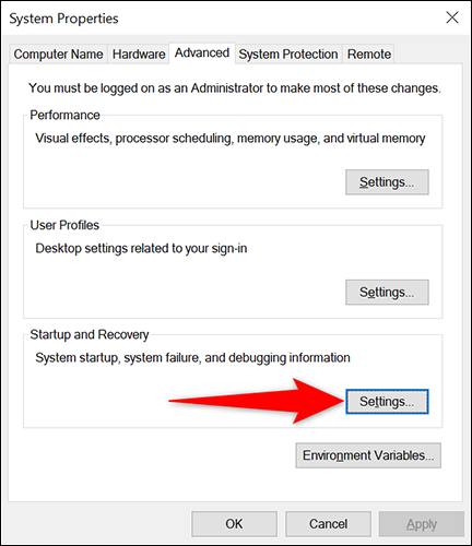 Haga clic en "Configuración" en la sección "Inicio y recuperación" en la ventana "Propiedades del sistema".
