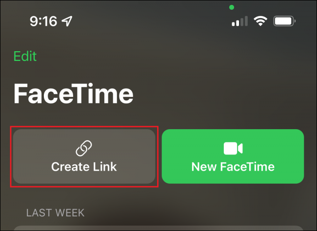 Toca el botón "Crear enlace" en FaceTime.