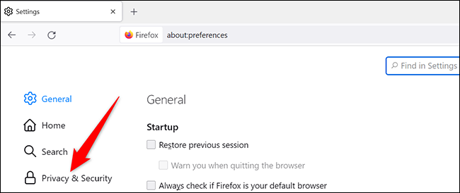 Haga clic en "Privacidad y seguridad" en la página "Configuración" en Firefox en el escritorio.