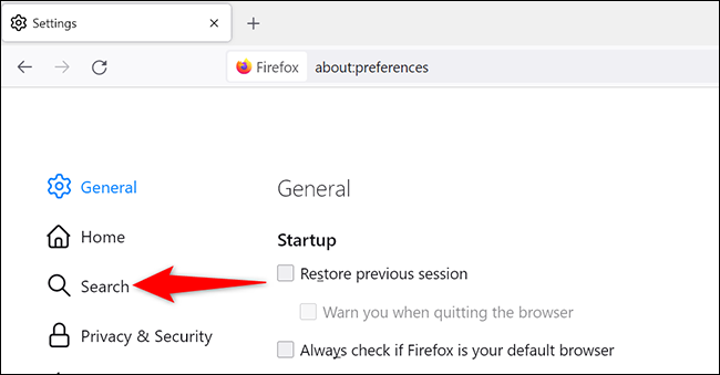 Seleccione "Buscar" en la página "Configuración" en Firefox en el escritorio.