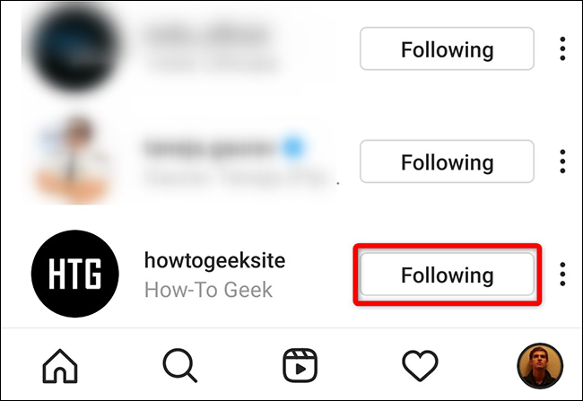 Toca "Siguiendo" junto a una cuenta en la aplicación de Instagram.