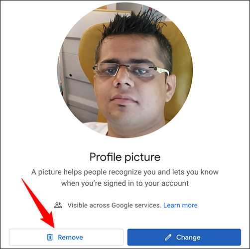 Haga clic en "Eliminar" en la ventana de la imagen de perfil en el sitio de la cuenta de Google.