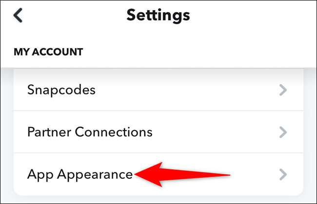 Toca "Apariencia de la aplicación" en la página "Configuración" en Snapchat.