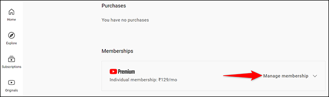 Haga clic en "Administrar membresía" en la sección "Premium" del sitio de YouTube.
