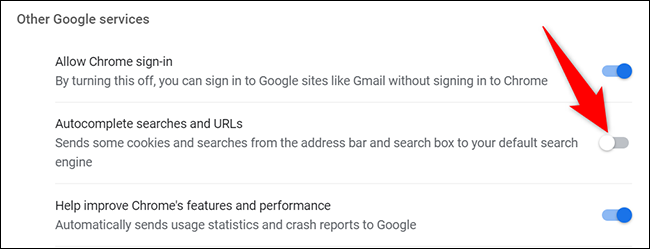 Deshabilite "Autocompletar búsquedas y URL" en la página "Servicios de Google" en Chrome en el escritorio.
