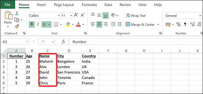 Una columna movida en Excel.