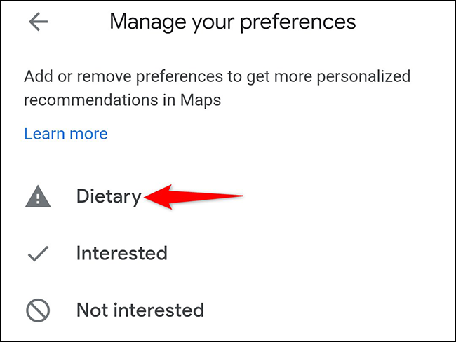 Toca "Dietética" en la página "Administra tus preferencias" en Maps.