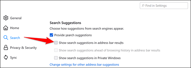 Deshabilite la opción "Mostrar sugerencias de búsqueda en los resultados de la barra de direcciones" en la página "Configuración" en Firefox en el escritorio.