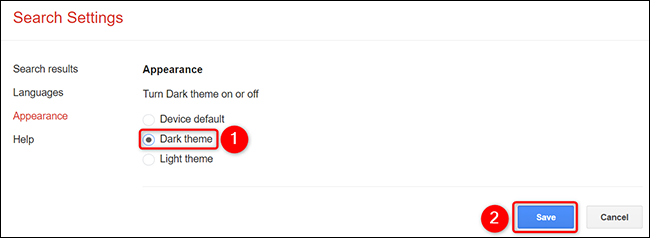 Habilite la opción "Tema oscuro" en la página "Apariencia" en la Búsqueda de Google en el escritorio.