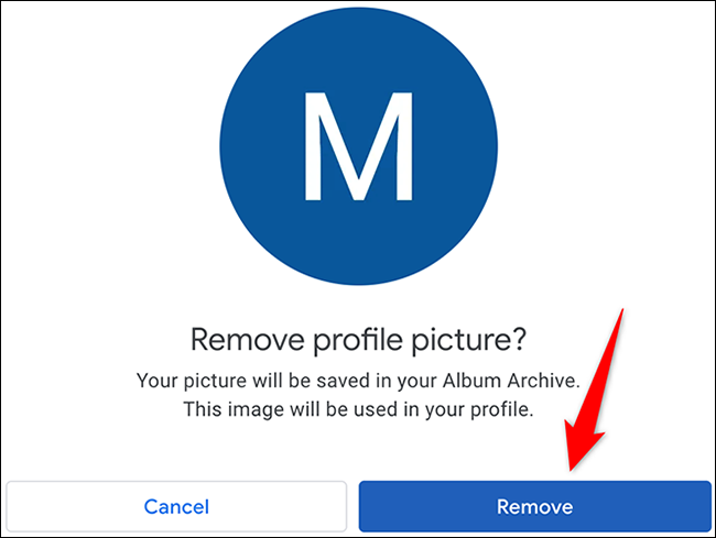 Haga clic en "Eliminar" en el mensaje "Eliminar imagen de perfil" en el sitio de la cuenta de Google.