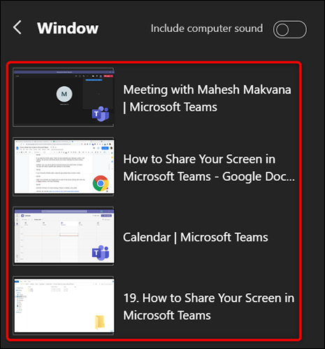 Seleccione una ventana de la aplicación en Teams en el escritorio.