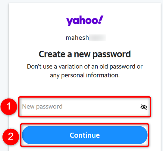 Haga clic en "Nueva contraseña" en la página "Crear una nueva contraseña" del sitio de Yahoo.
