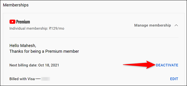 Seleccione "Desactivar" en la sección "Premium" del sitio de YouTube.