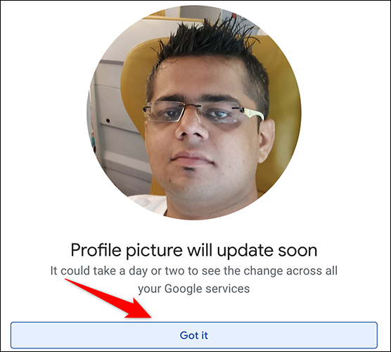 Haga clic en "Entendido" para cerrar el cuadro de mensaje de éxito de eliminación de la imagen de perfil en el sitio de la cuenta de Google.