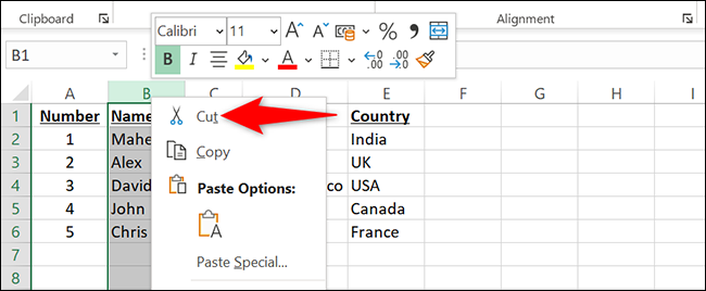 Haga clic con el botón derecho en la letra de la columna y seleccione "Cortar" en Excel.