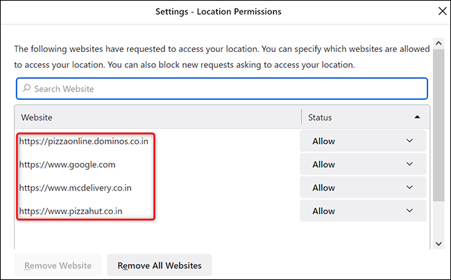Una lista de sitios que pueden acceder a la ubicación del usuario en Firefox en el escritorio.