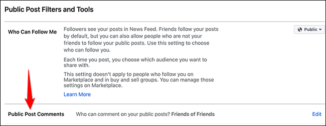 Haz clic en "Comentarios de publicaciones públicas" en la página "Herramientas y filtros de publicaciones públicas" en Facebook.