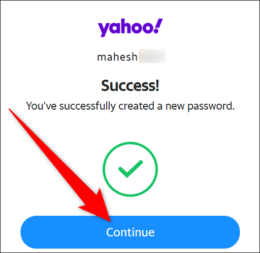 Haga clic en "Continuar" en la página "Éxito" del sitio de Yahoo.
