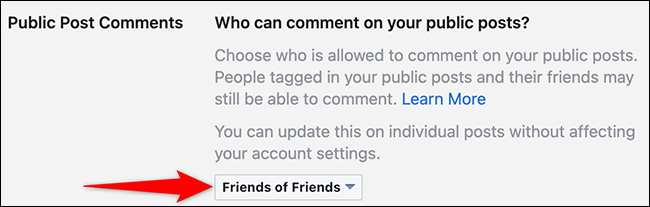 Selecciona una opción en el menú "Comentarios de publicaciones públicas" en Facebook.