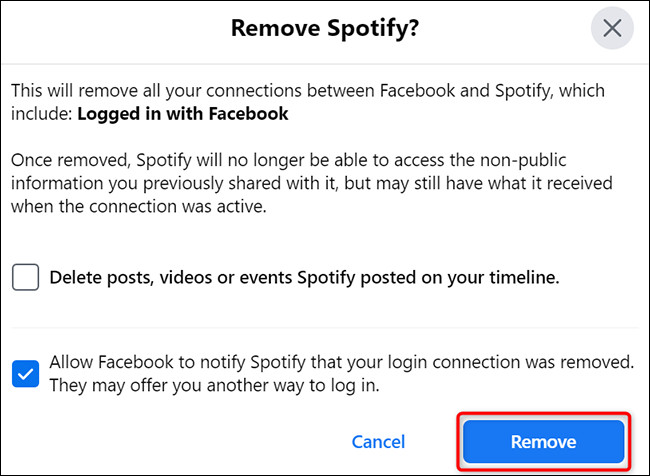 Haga clic en "Eliminar" en la ventana "Eliminar Spotify" en Facebook.