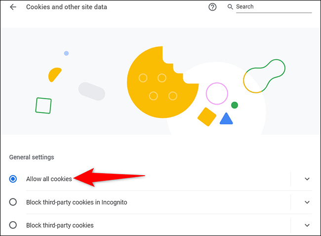 Active "Permitir todas las cookies" en la página "Cookies y otros datos del sitio" en Chrome en el escritorio.