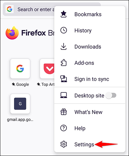Seleccione "Configuración" en el menú de tres puntos en Firefox en Android.
