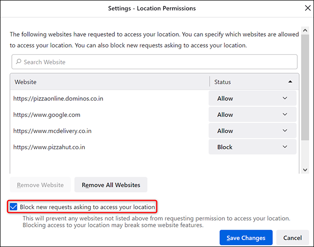 Habilite la opción "Bloquear nuevas solicitudes que soliciten acceder a su ubicación" en "Configuración" en Firefox en el escritorio.