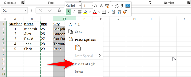 Haga clic con el botón derecho en la letra de la columna de destino y seleccione "Insertar celdas cortadas" en Excel.