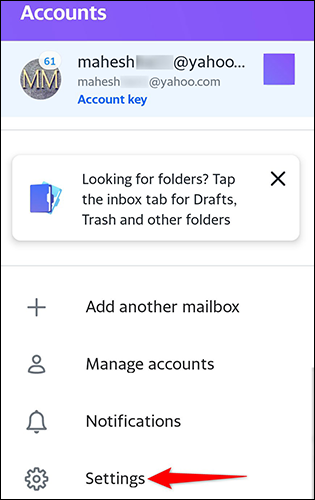 Toca "Configuración" en la pantalla "Cuentas" de la aplicación Yahoo Mail.