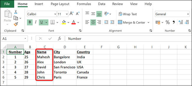Una columna movida con cortar y pegar en Excel.