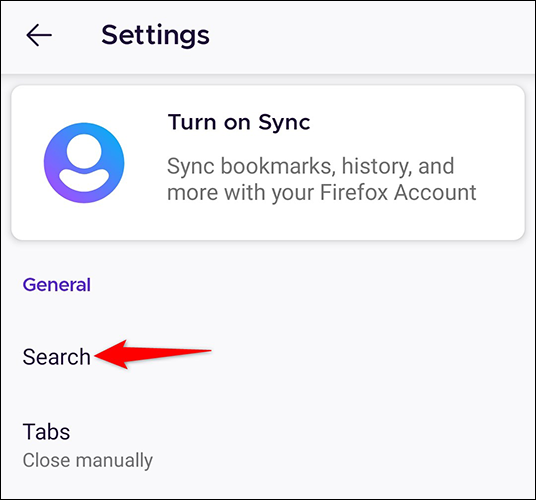 Seleccione "Buscar" en la página "Configuración" en Firefox en Android.