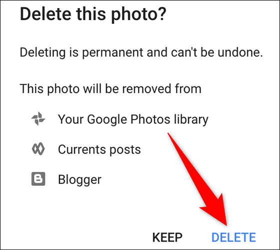 Seleccione "Eliminar" en el mensaje "Eliminar esta foto" en el sitio de la cuenta de Google.