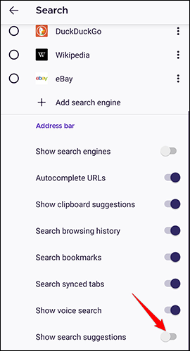 Desactive la opción "Mostrar sugerencias de búsqueda" en la página "Buscar" en Firefox en Android.
