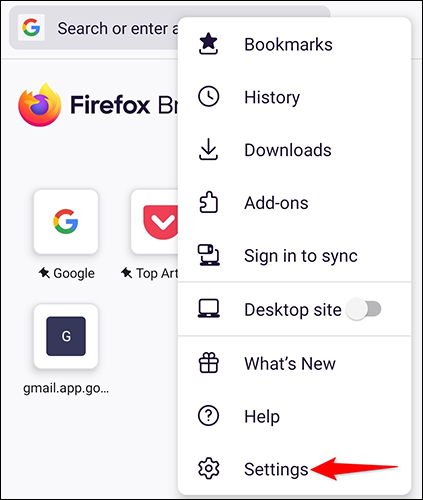 Seleccione "Configuración" en el menú de Firefox en Android.