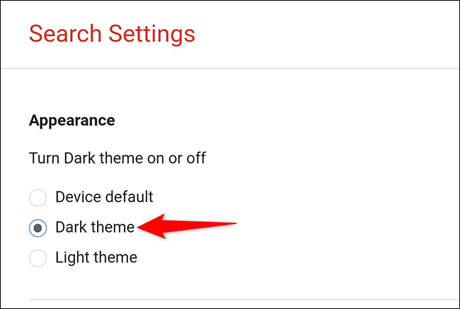 Active la opción "Tema oscuro" en la página "Configuración de búsqueda" en la Búsqueda de Google en dispositivos móviles.