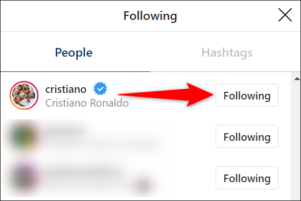 Seleccione "Siguiendo" junto a una cuenta en la ventana "Siguiendo" en el sitio de Instagram.