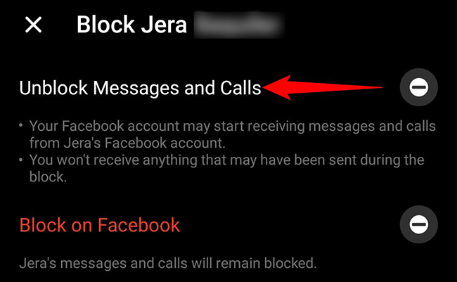Toca "Desbloquear mensajes y llamadas" en la pantalla "Bloquear" de Messenger.