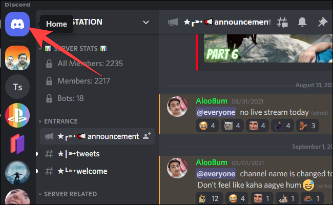 Haga clic en "Inicio" en la esquina superior izquierda de la aplicación Discord.