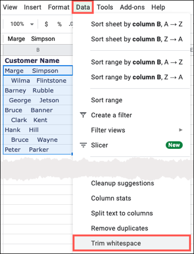 Haga clic en Datos, recorte los espacios en blanco en Hojas de cálculo de Google