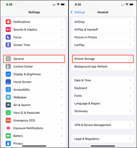 En Configuración, seleccione General, Almacenamiento de iPhone