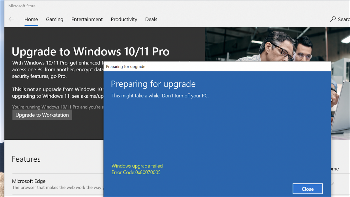 Código de error 0x80070005 al actualizar a Windows 10 Pro.