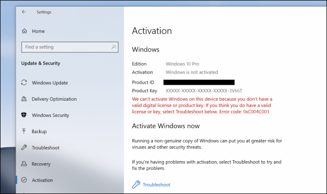 La pantalla de activación de Windows 10 dice que Windows no está activado.
