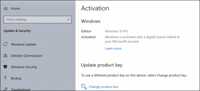 La aplicación de configuración de Windows 10 dice que Windows 10 Pro está activado con una licencia digital.